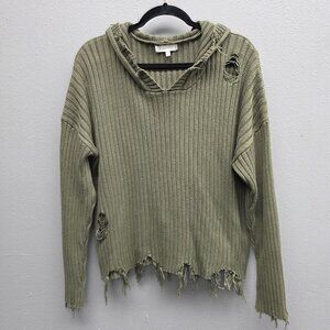Gilded Intent Sweater Womens Large Green Distressed Ribbed Knit Hoodie Grunge